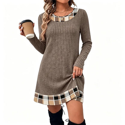 Women's Elegant Ribbed Knit Plaid Trim Dress
