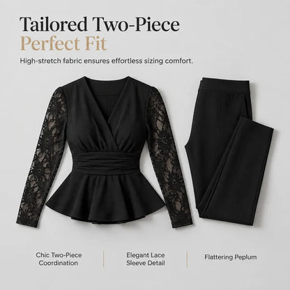 Women's Elegant Lace Sleeve Two-Piece Trouser Set