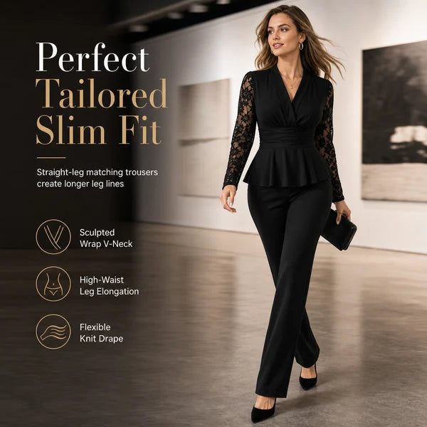 Women's Elegant Lace Sleeve Two-Piece Trouser Set
