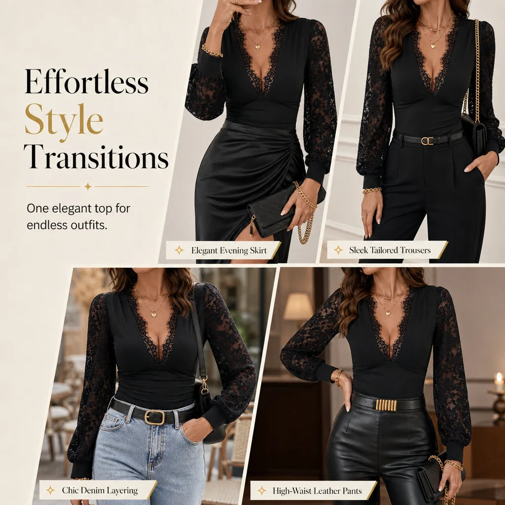 Women's Deep V-Neck Lace Sleeve Top