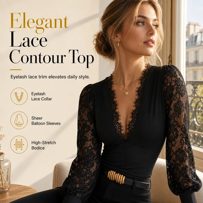 Women's Deep V-Neck Lace Sleeve Top