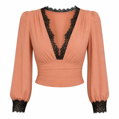 Women's Deep V-Neck Lace Sleeve Top
