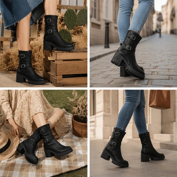Women's Chunky Heel Buckle Boots