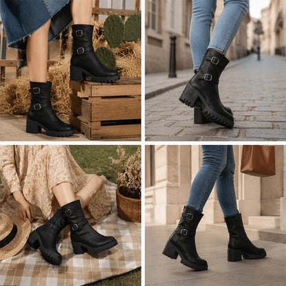 Women's Chunky Heel Buckle Boots