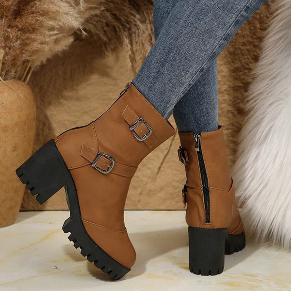 Women's Chunky Heel Buckle Boots