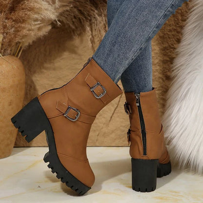 Women's Chunky Heel Buckle Boots