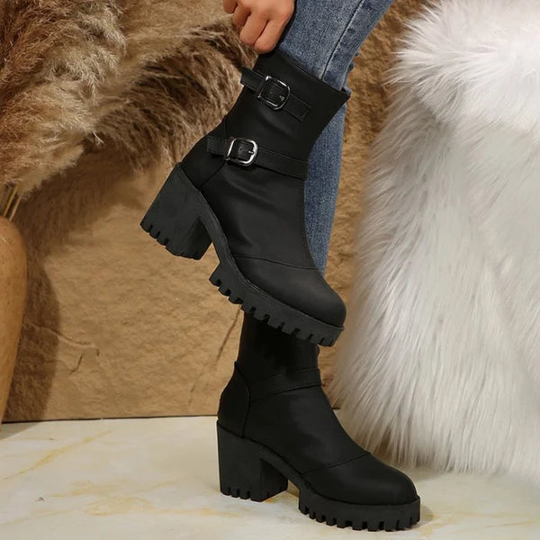 Women's Chunky Heel Buckle Boots