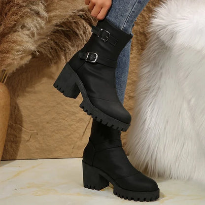 Women's Chunky Heel Buckle Boots