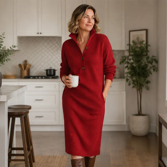 Women's Button-Neck Knitted Midi Dress