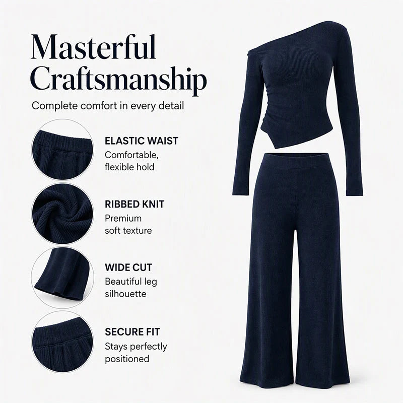 Women's Asymmetric Off-Shoulder Top & Wide-Leg Trouser Set