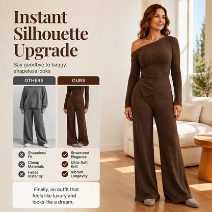 Women's Asymmetric Off-Shoulder Top & Wide-Leg Trouser Set