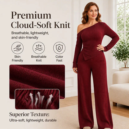 Women's Asymmetric Off-Shoulder Top & Wide-Leg Trouser Set