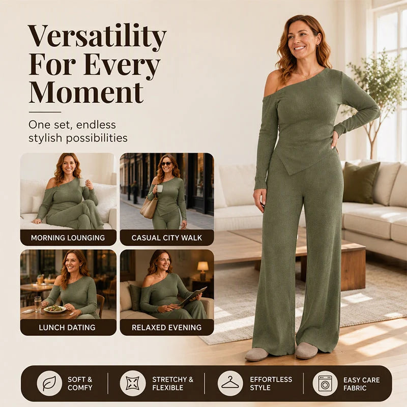 Women's Asymmetric Off-Shoulder Top & Wide-Leg Trouser Set