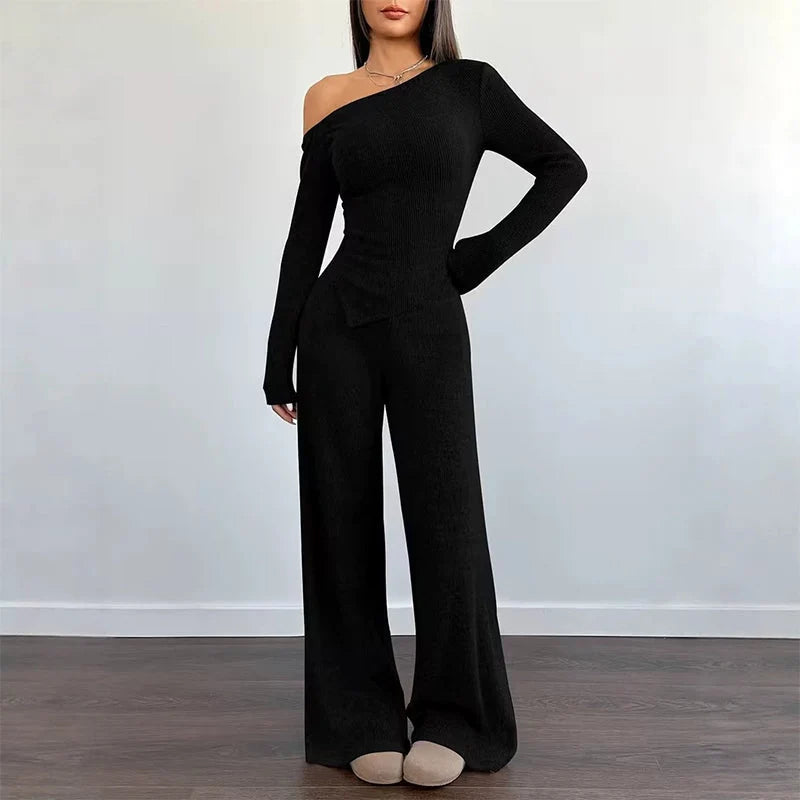 Women's Asymmetric Off-Shoulder Top & Wide-Leg Trouser Set