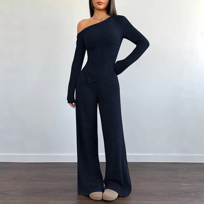 Women's Asymmetric Off-Shoulder Top & Wide-Leg Trouser Set