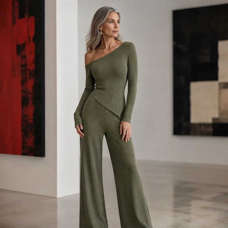 Women's Asymmetric Off-Shoulder Top & Wide-Leg Trouser Set