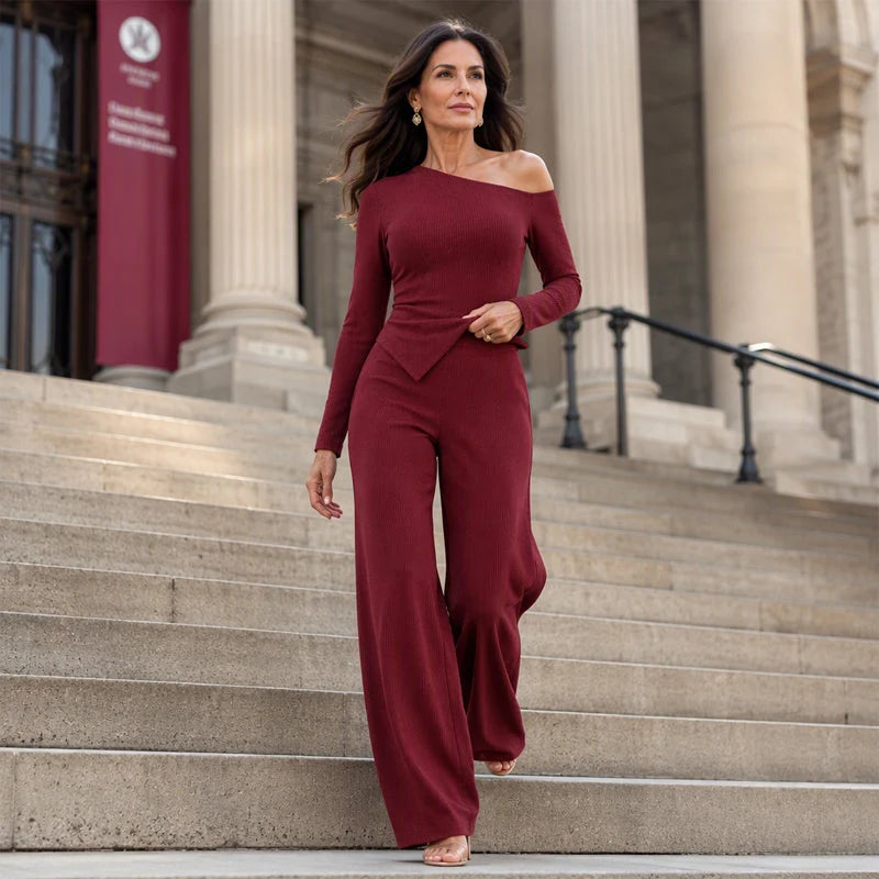 Women's Asymmetric Off-Shoulder Top & Wide-Leg Trouser Set