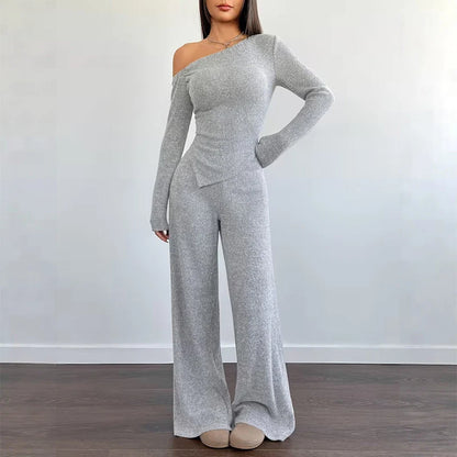 Women's Asymmetric Off-Shoulder Top & Wide-Leg Trouser Set