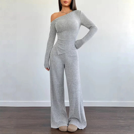 Women's Asymmetric Off-Shoulder Top & Wide-Leg Trouser Set