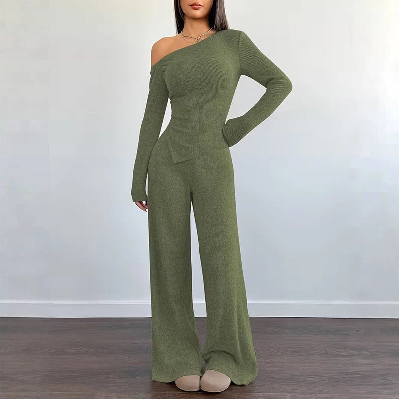 Women's Asymmetric Off-Shoulder Top & Wide-Leg Trouser Set