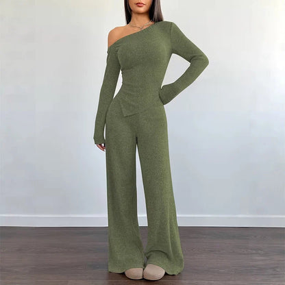 Women's Asymmetric Off-Shoulder Top & Wide-Leg Trouser Set