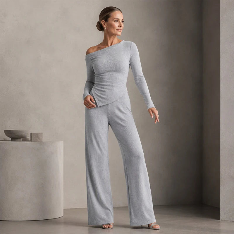 Women's Asymmetric Off-Shoulder Top & Wide-Leg Trouser Set