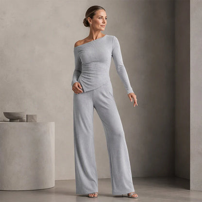Women's Asymmetric Off-Shoulder Top & Wide-Leg Trouser Set