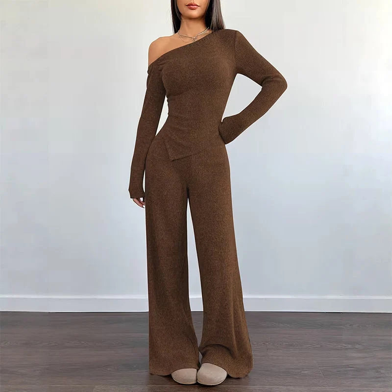 Women's Asymmetric Off-Shoulder Top & Wide-Leg Trouser Set