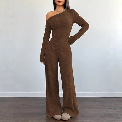 Women's Asymmetric Off-Shoulder Top & Wide-Leg Trouser Set