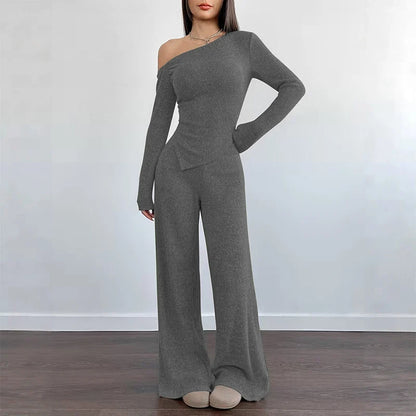 Women's Asymmetric Off-Shoulder Top & Wide-Leg Trouser Set