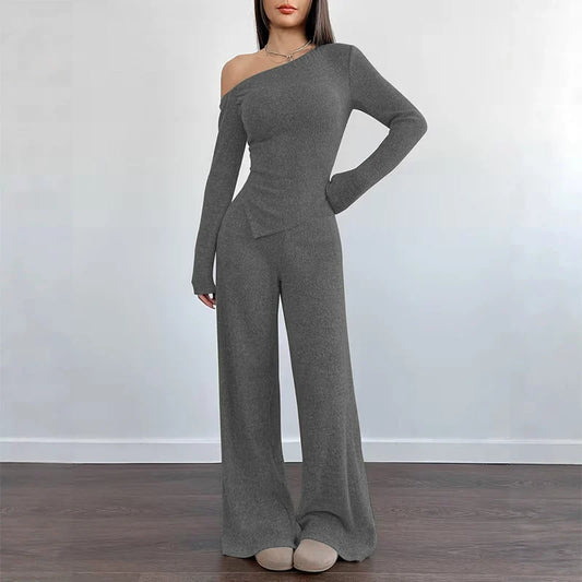 Women's Asymmetric Off-Shoulder Top & Wide-Leg Trouser Set