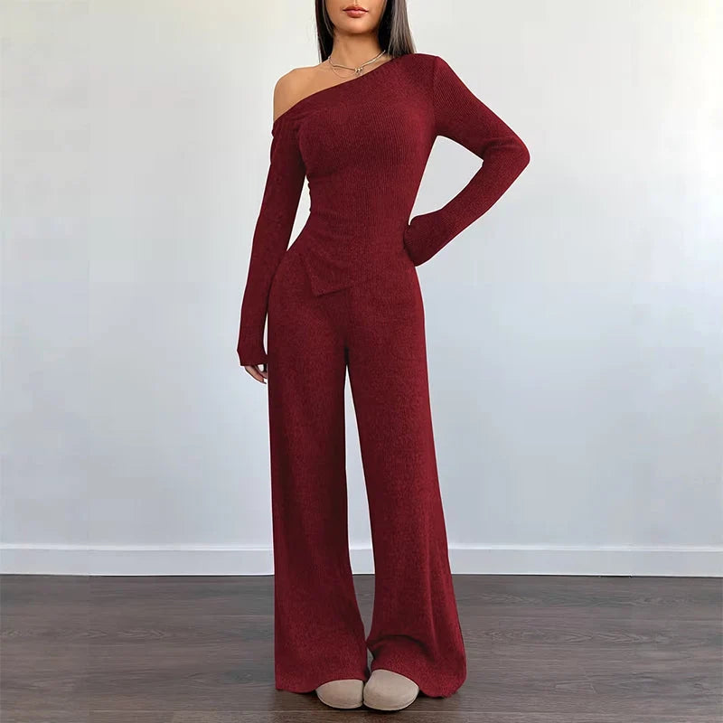 Women's Asymmetric Off-Shoulder Top & Wide-Leg Trouser Set