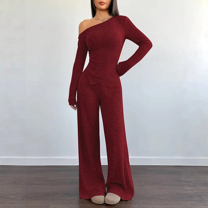 Women's Asymmetric Off-Shoulder Top & Wide-Leg Trouser Set