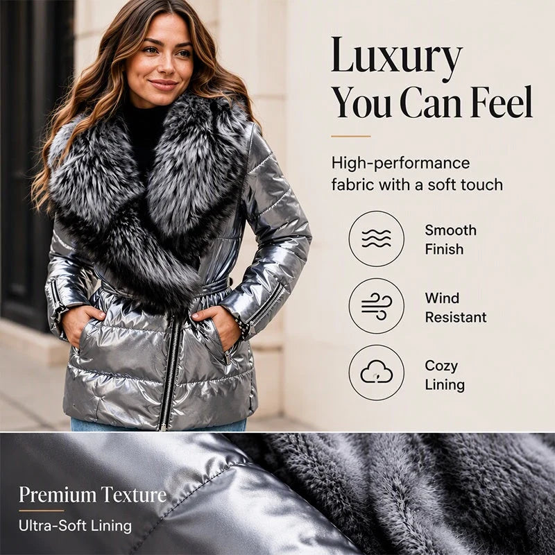 Women's Faux Fur Collar Belted Puffer Jacket