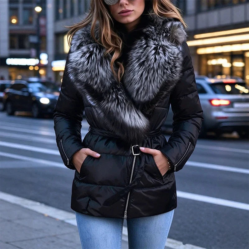 Women's Faux Fur Collar Belted Puffer Jacket