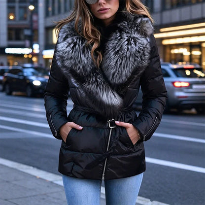 Women's Faux Fur Collar Belted Puffer Jacket