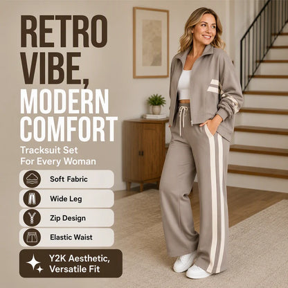 Women's Striped Zip-Up Jacket & Wide-Leg Trousers Set
