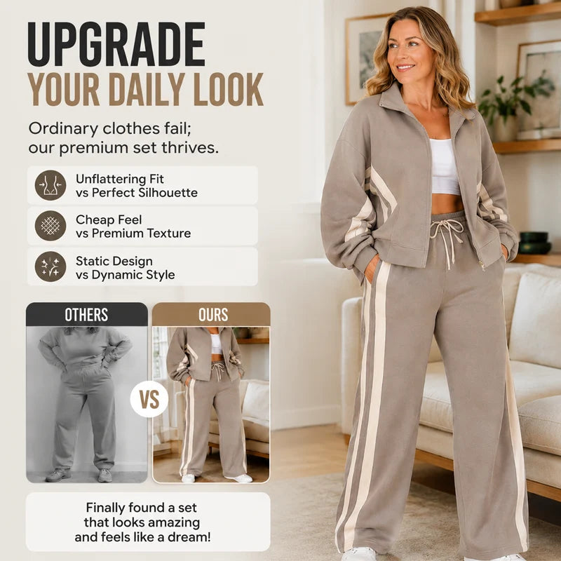 Women's Striped Zip-Up Jacket & Wide-Leg Trousers Set