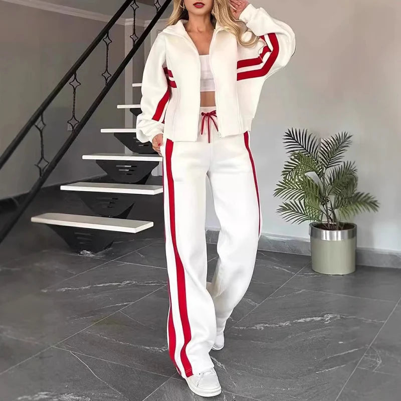 Women's Striped Zip-Up Jacket & Wide-Leg Trousers Set