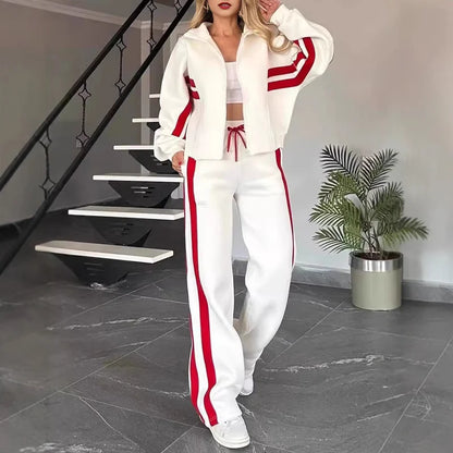 Women's Striped Zip-Up Jacket & Wide-Leg Trousers Set