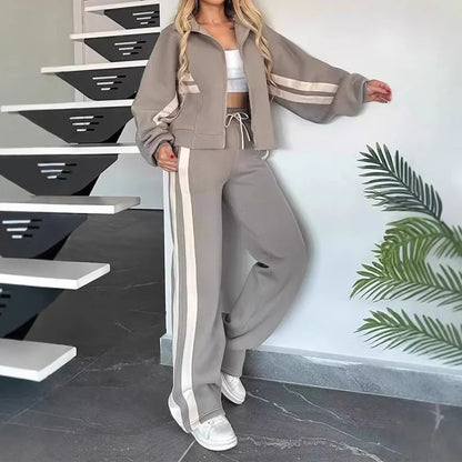 Women's Striped Zip-Up Jacket & Wide-Leg Trousers Set