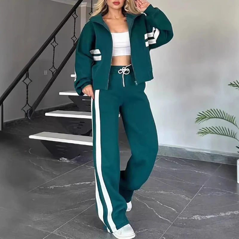Women's Striped Zip-Up Jacket & Wide-Leg Trousers Set