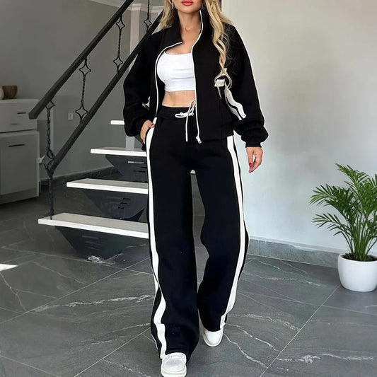 Women's Striped Zip-Up Jacket & Wide-Leg Trousers Set