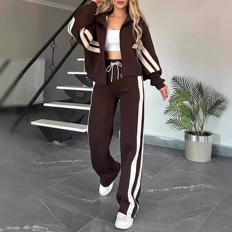 Women's Striped Zip-Up Jacket & Wide-Leg Trousers Set