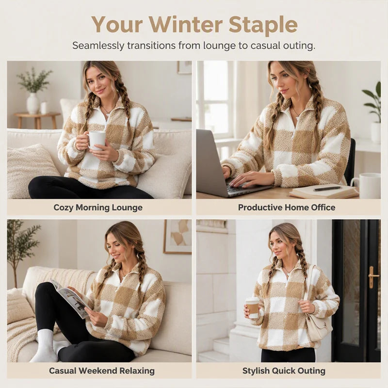 Women's Cosy Checkered Sherpa Fleece Pullover