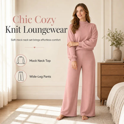 Women's Mock Neck Top & Wide-Leg Trousers Set