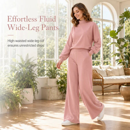Women's Mock Neck Top & Wide-Leg Trousers Set