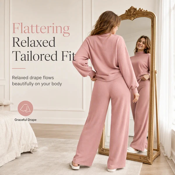 Women's Mock Neck Top & Wide-Leg Trousers Set