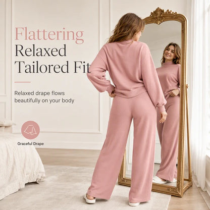 Women's Mock Neck Top & Wide-Leg Trousers Set