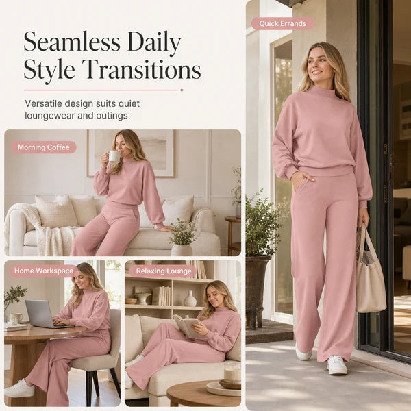 Women's Mock Neck Top & Wide-Leg Trousers Set
